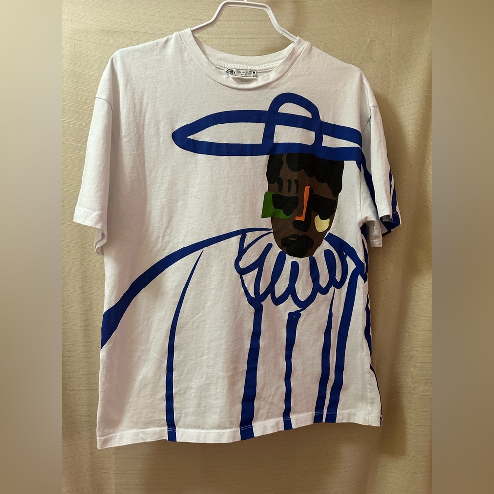 Zara x Justine Franco Abstract Face Graphic Art Tee White Cotton Top Size S